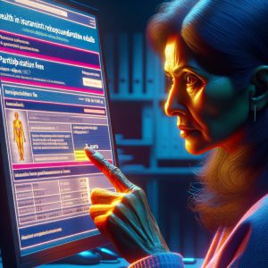 A photography of a person checking their health insurance reimbursement details on a computer screen, with a focus on the section showing the increased participation fee from 1 euro to 2 euros.