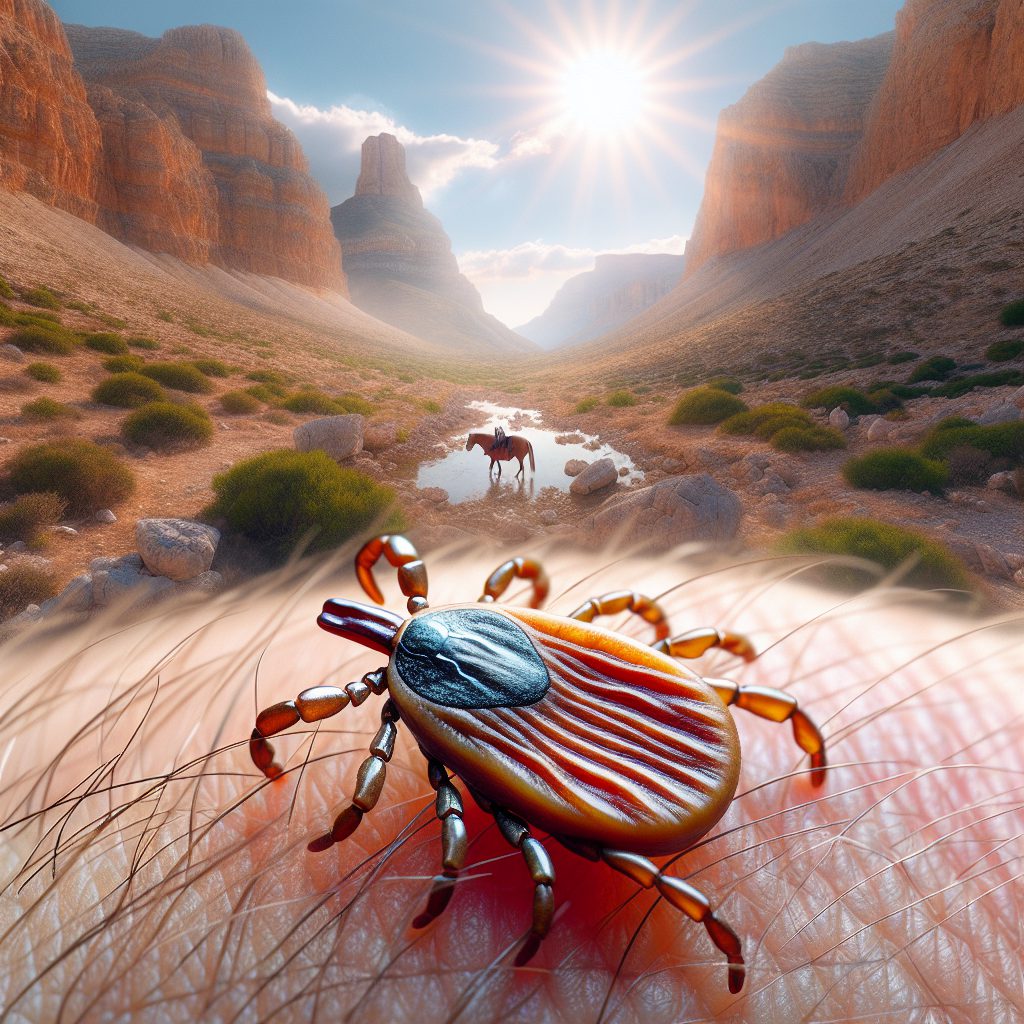 A photography of a giant tick with striped legs, known as Hyalomma marginatum, attached to the skin of a horse in a dry Mediterranean landscape.