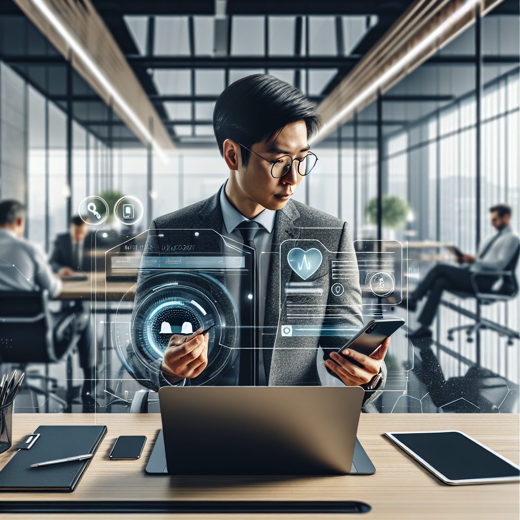 "A photograph of a person using two devices, a smartphone and a laptop, to access their health account online, with a modern office environment in the background."