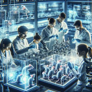 A photography of a futuristic laboratory where scientists are testing an innovative gel on mice to neutralize the harmful effects of alcohol.