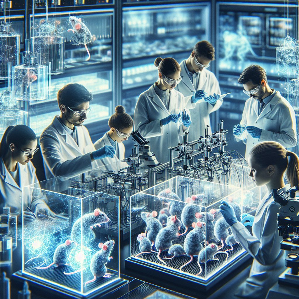 A photography of a futuristic laboratory where scientists are testing an innovative gel on mice to neutralize the harmful effects of alcohol.
