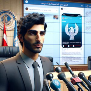 A photography of a concerned government official speaking at a press conference, with a digital screen behind him displaying a social media post and the logo of the Ministry of Health.