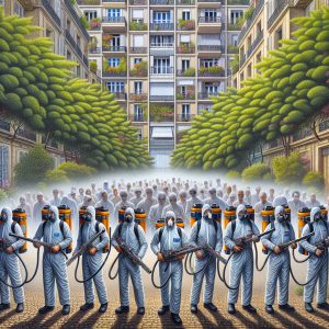 A photography of French health workers conducting anti-mosquito spraying operations in a metropolitan neighborhood to combat the dengue outbreak.