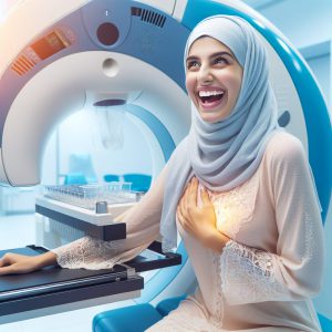 A photography of a happy woman receiving a mammogram in a modern, well-lit medical facility, symbolizing the importance and safety of cancer screening.