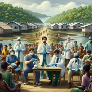 A photography of a dedicated team of healthcare professionals from Santé publique France and the Regional Health Agency actively engaging in vaccination and disinfection efforts in a remote village in Mayotte amidst the cholera outbreak.