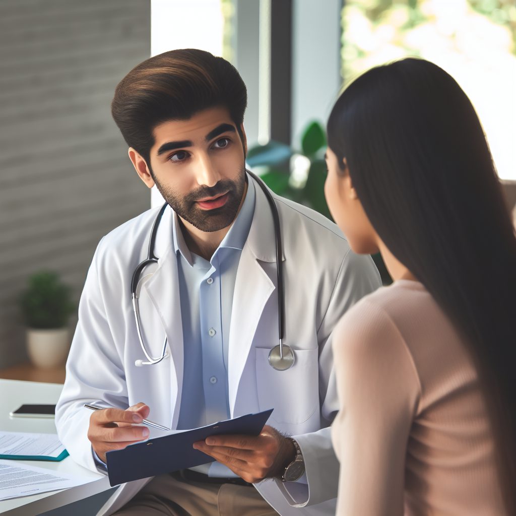 A photography of a doctor in a modern medical office discussing treatment options with a patient, symbolizing the recent agreement to increase general consultation fees from 25 to 30 euros.