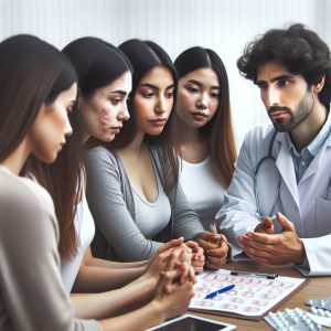 "A photography of a diverse group of women of reproductive age, some with visible symptoms like acne and hirsutism, discussing health and infertility concerns with a compassionate endocrinologist in a clinic setting."
