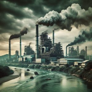 A photography of an industrial factory near a river with visibly polluted water, representing environmental contamination.