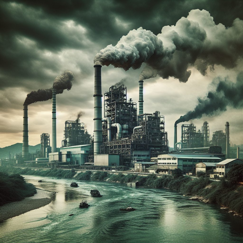 A photography of an industrial factory near a river with visibly polluted water, representing environmental contamination.