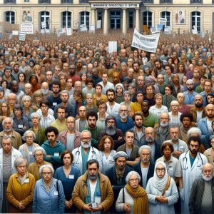 A photography of a concerned community rallying in front of a health center in Paris with banners and posters protesting its closure.