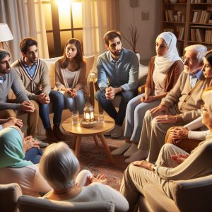 A photography of people of different ages discussing end-of-life care and directives in a supportive and empathetic setting.