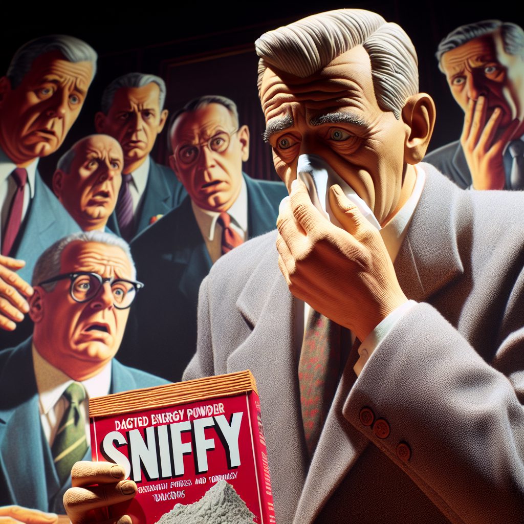 A photography of the health minister expressing concern as he holds a packet of the controversial energy powder Sniffy, with alarmed expressions on the faces of surrounding experts and buralistes.