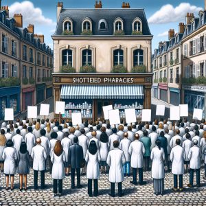 A photography of a crowd of pharmacists protesting with signs outside closed pharmacies in a French city.