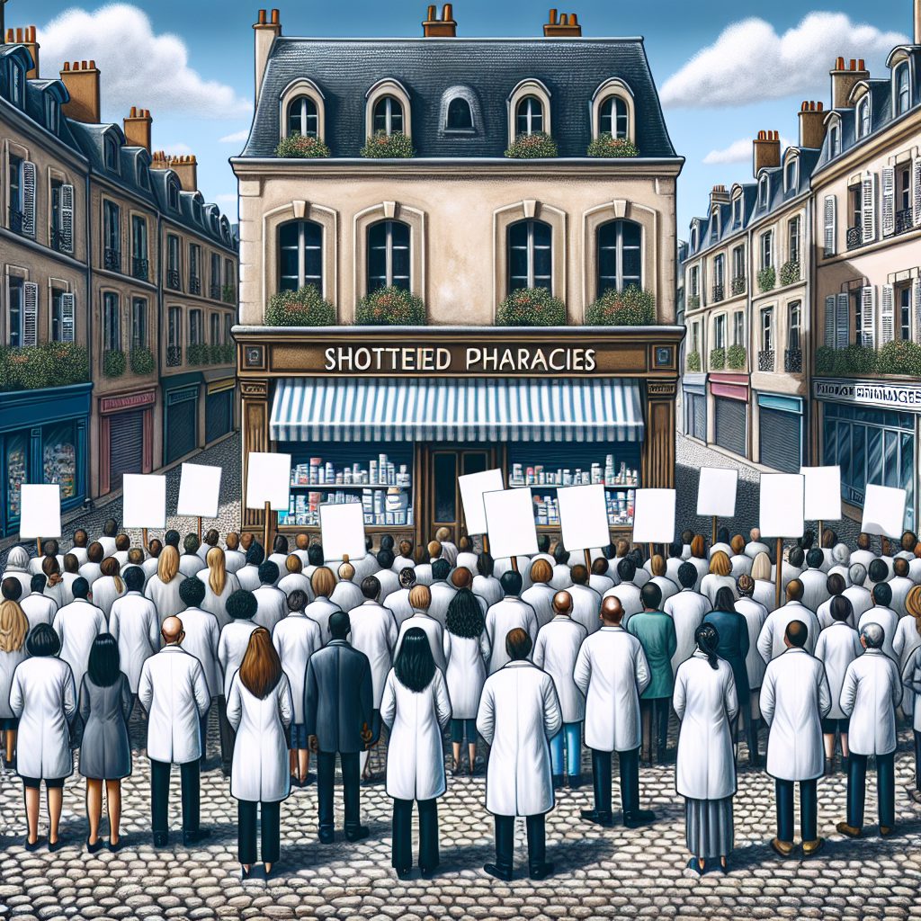 A photography of a crowd of pharmacists protesting with signs outside closed pharmacies in a French city.