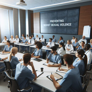A photography of healthcare professionals attending a mandatory training session on preventing sexist and sexual violence in a modern hospital setting.