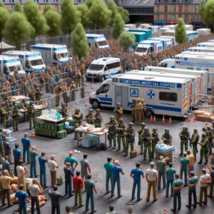 A photograph of a temporary medical center by Médecins du Monde in Saint-Denis, surrounded by increased police presence and worried volunteers during preparations for the Olympics.