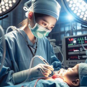 "A photography of Francine Leca, the pioneering cardiac surgeon, performing a heart surgery on a child, symbolizing her lifelong dedication to saving young lives."