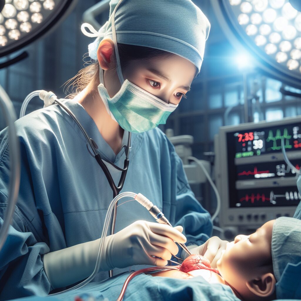 "A photography of Francine Leca, the pioneering cardiac surgeon, performing a heart surgery on a child, symbolizing her lifelong dedication to saving young lives."