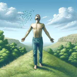 A photography of a young man named Alexandre Allain standing on a hilltop with a clear sky, taking a deep breath, symbolizing his recovery after a double lung transplant.