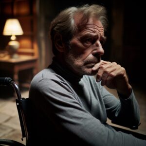 A photograph of a 57-year-old man in Lille, France, looking pensive and distressed, in a wheelchair, contemplating his future in a dimly lit room.
