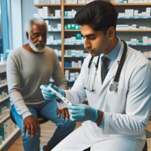 a photography of a pharmacist performing a rapid diagnostic test for sore throat on a patient in a modern pharmacy setting.