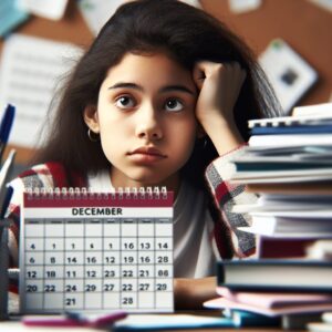 "A photograph of a young child in a classroom, surrounded by assignments, looking overwhelmed, with a calendar highlighting the month of December in the background."