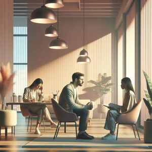 "A photography of a diverse group of people receiving psychological consultations in a bright, welcoming clinic setting, with attentive psychologists and serene, supportive atmosphere."