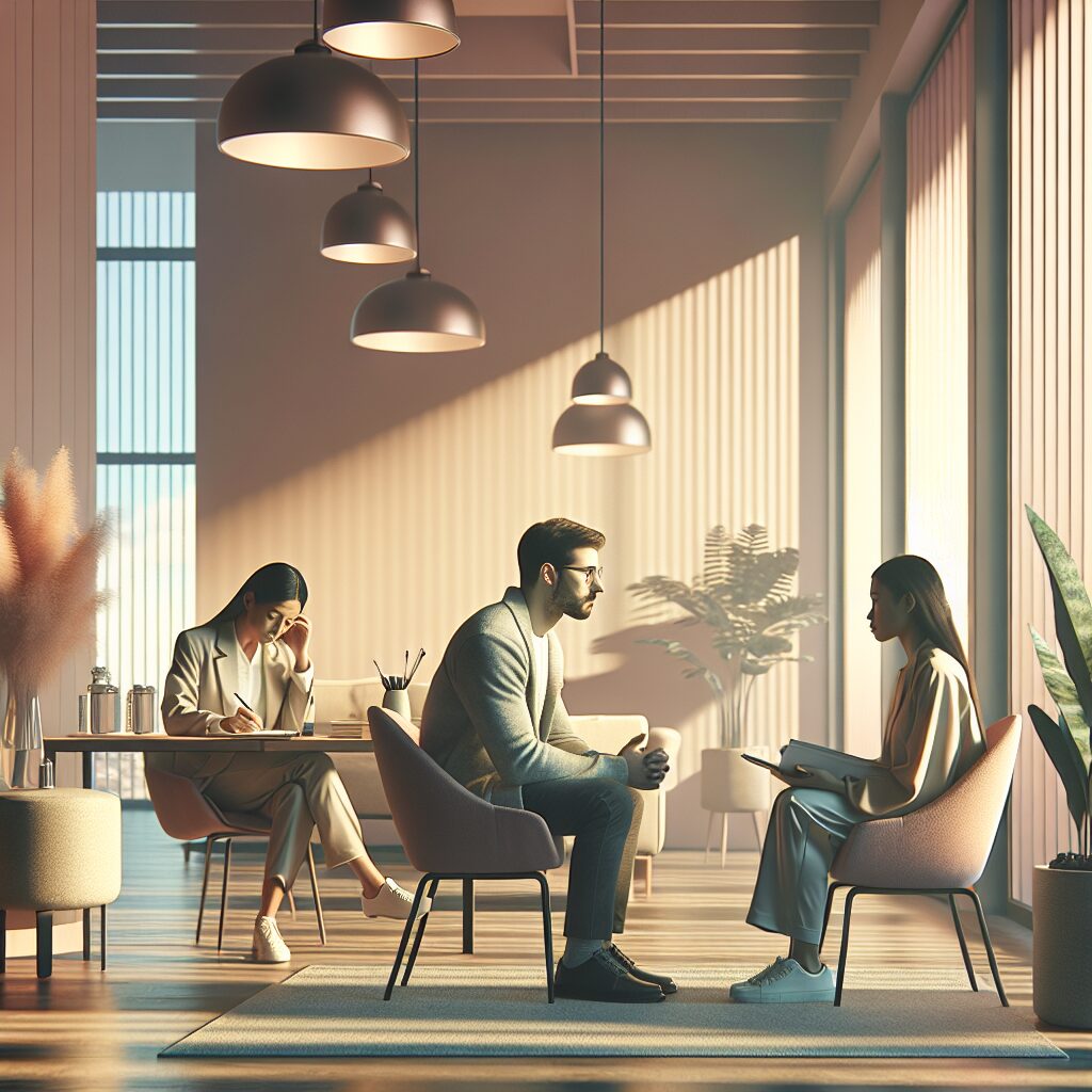 "A photography of a diverse group of people receiving psychological consultations in a bright, welcoming clinic setting, with attentive psychologists and serene, supportive atmosphere."