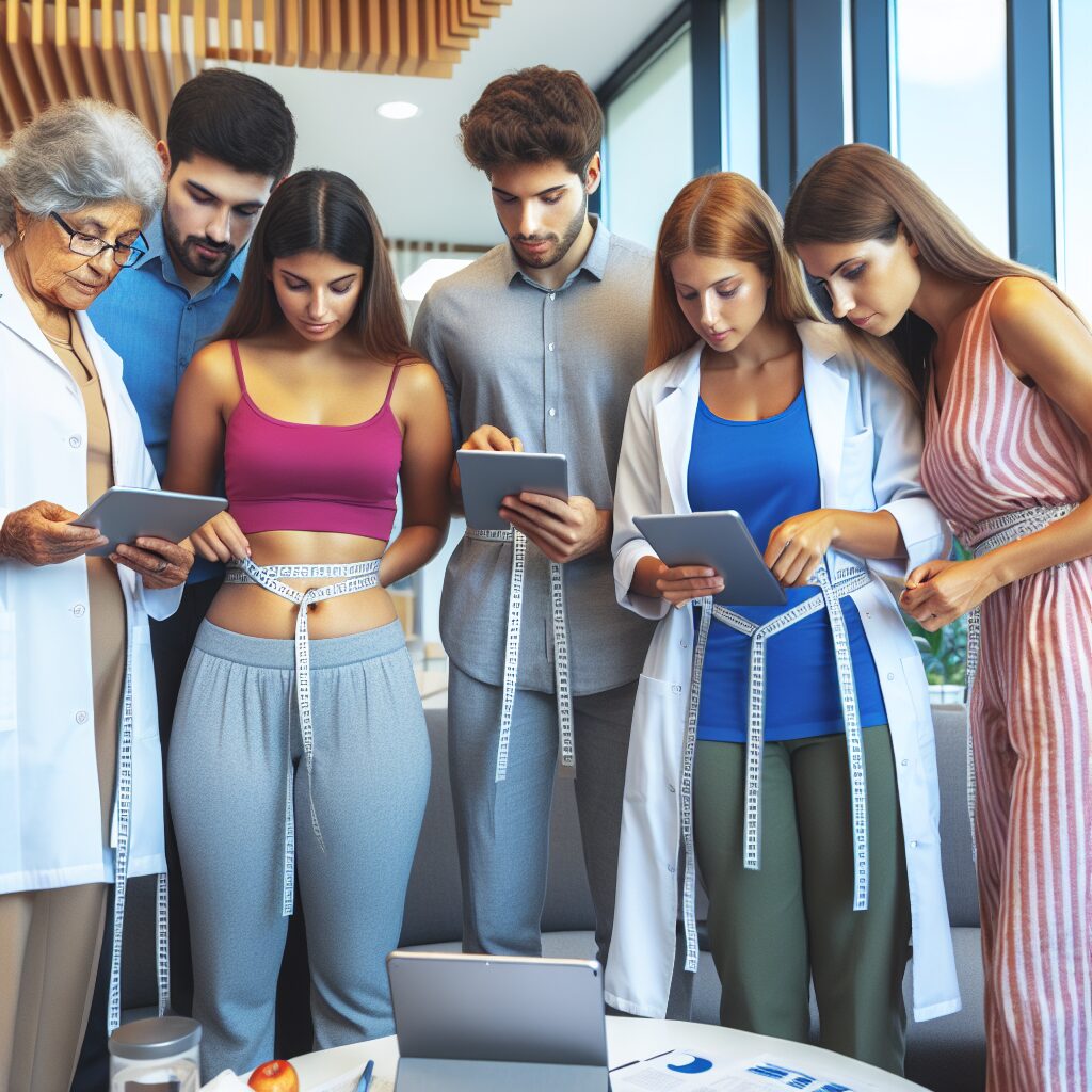 A photography of a diverse group of researchers measuring waist circumferences with tape measures while comparing data on tablets in a modern health clinic.