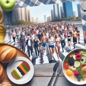 A photography of a diverse group of adults, both in metropolitan and ultramarine settings, engaging in physical activities and healthy eating, highlighting the fight against obesity in France.
