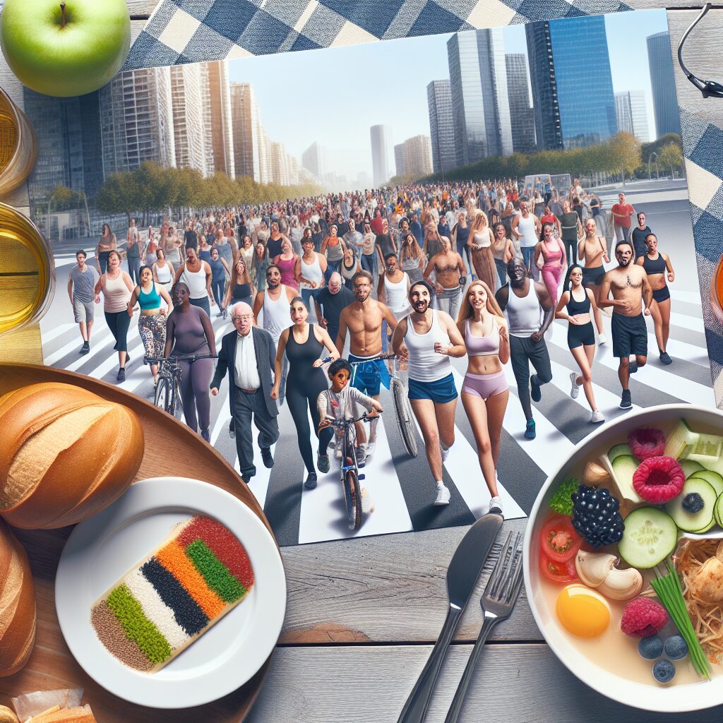 A photography of a diverse group of adults, both in metropolitan and ultramarine settings, engaging in physical activities and healthy eating, highlighting the fight against obesity in France.