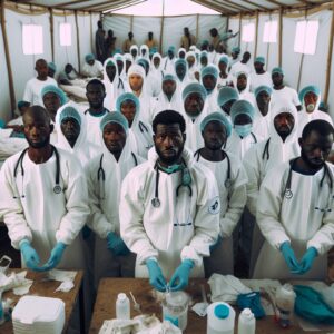 A photography of healthcare workers in protective gear treating cholera patients in a makeshift clinic in Mamoudzou, Mayotte, with visible concern and urgency.
