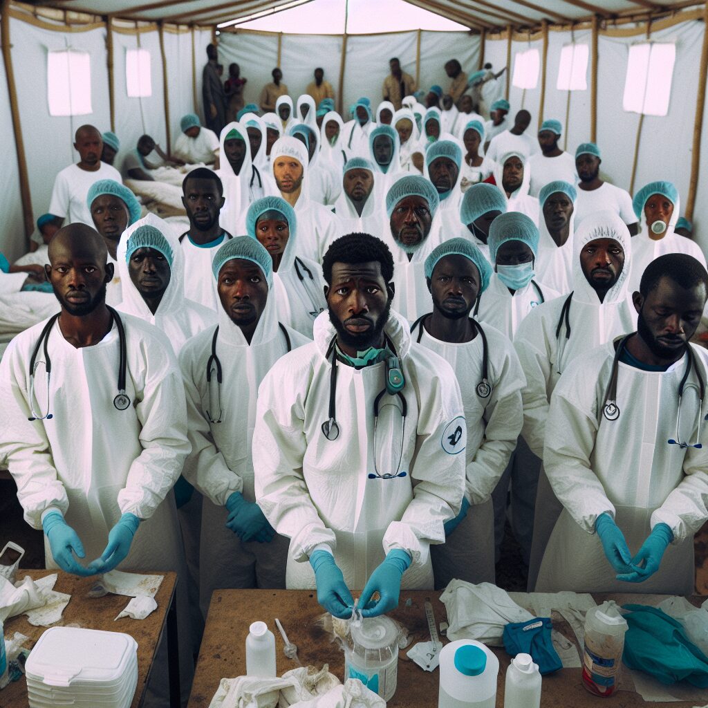 A photography of healthcare workers in protective gear treating cholera patients in a makeshift clinic in Mamoudzou, Mayotte, with visible concern and urgency.