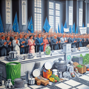 A photography of a group of politicians in a formal setting, celebrating the adoption of a law with banners and signs promoting environmental health, surrounded by everyday objects like cookware, packaging, and textiles to signify the impact of the new PFAS regulations.