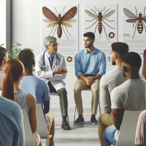 a photography of healthcare professionals in a clinical setting educating a group of travelers about mosquito-borne diseases prevention, with informational posters on dengue, chikungunya, and Zika visible in the background.