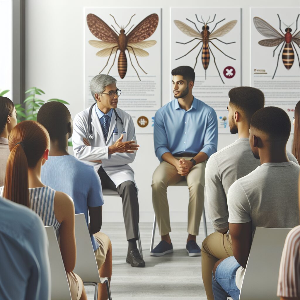 a photography of healthcare professionals in a clinical setting educating a group of travelers about mosquito-borne diseases prevention, with informational posters on dengue, chikungunya, and Zika visible in the background.
