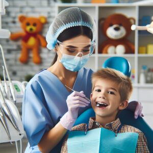 A photography of a dentist applying fluoride varnish to a young child's tooth in a bright, modern dental clinic.
