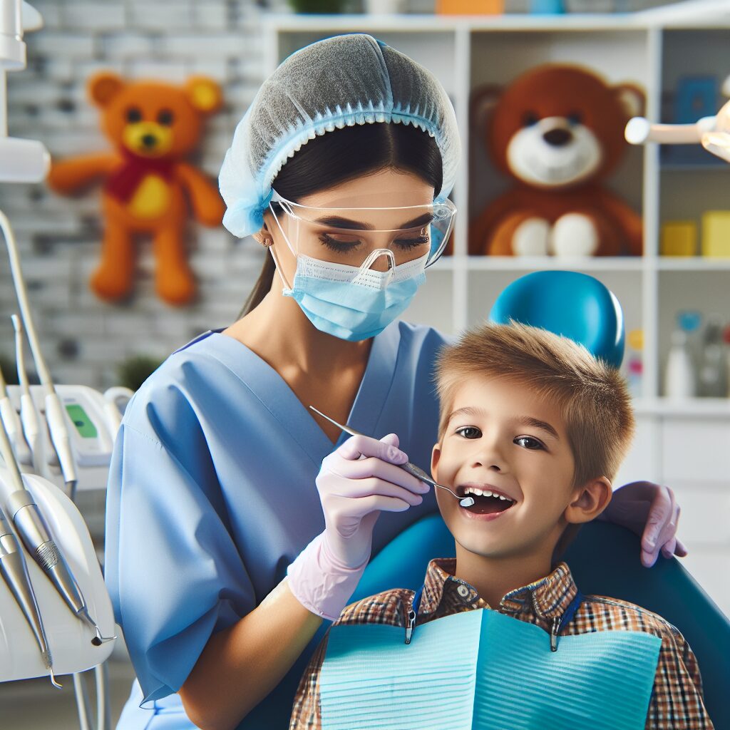 A photography of a dentist applying fluoride varnish to a young child's tooth in a bright, modern dental clinic.