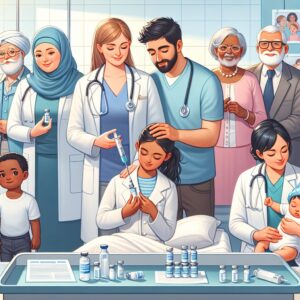 A photography of healthcare professionals and a family, including parents, grandparents, and siblings, receiving vaccinations in a clinic setting to protect infants from pertussis.