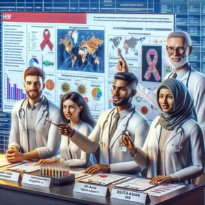 A photograph of a diverse group of scientists presenting a breakthrough HIV treatment at an international conference, with banners and charts in the background.