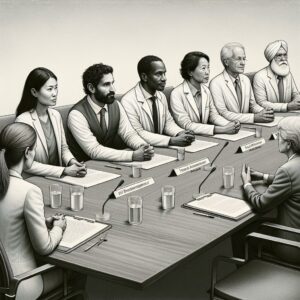 Illustration d'un conseil éthique dans le domaine de la santé, avec des professionnels discutant autour d'une table, symbolisant la réflexion collective et la diversité des compétences, dans un cadre moderne et inclusif.