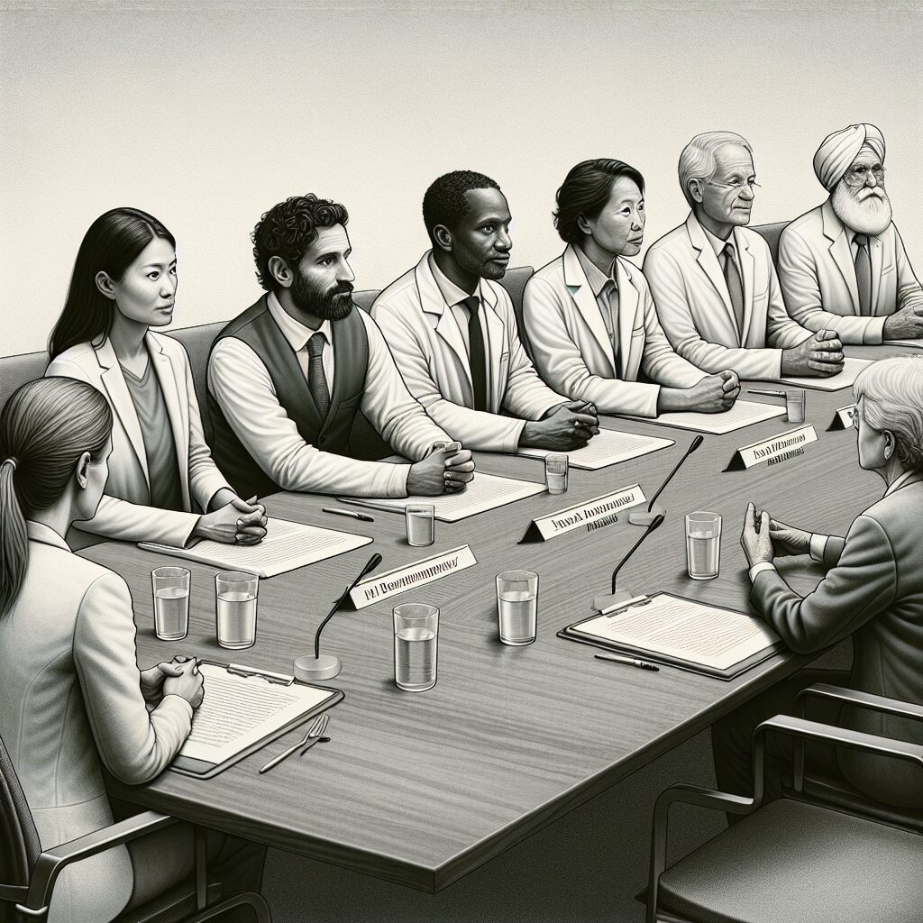 Illustration d'un conseil éthique dans le domaine de la santé, avec des professionnels discutant autour d'une table, symbolisant la réflexion collective et la diversité des compétences, dans un cadre moderne et inclusif.