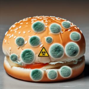 Image of a close-up of a burger bun with mold spots, indicative of food spoilage, surrounded by warning symbols to emphasize a health alert. The background should be a muted color to highlight the bun and mold.