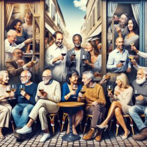 A group of middle-aged adults in a French café, some drinking wine and others opting for coffee, with a contrasting background showing a hospital to imply the health consequences of excessive drinking.