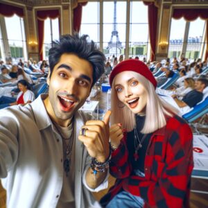 Deux influenceurs en streaming avec un large public, participant à une grande collecte de sang à Paris avec une ambiance dynamique et communautaire