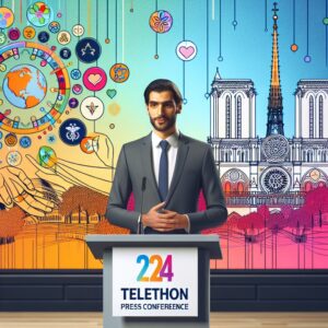 Mika lors de la conférence de presse du Téléthon 2024, au cœur d'un décor aux couleurs vives émanant de l'esprit solidaire, entouré de symboles de l'événement et de la cathédrale Notre-Dame en arrière-plan.