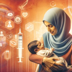 A caring mother holding her baby, with a subtle medical theme, showing syringes and baby vaccines in the background. The setting is a cozy, warm-toned room, emphasizing maternal care and children's health.
