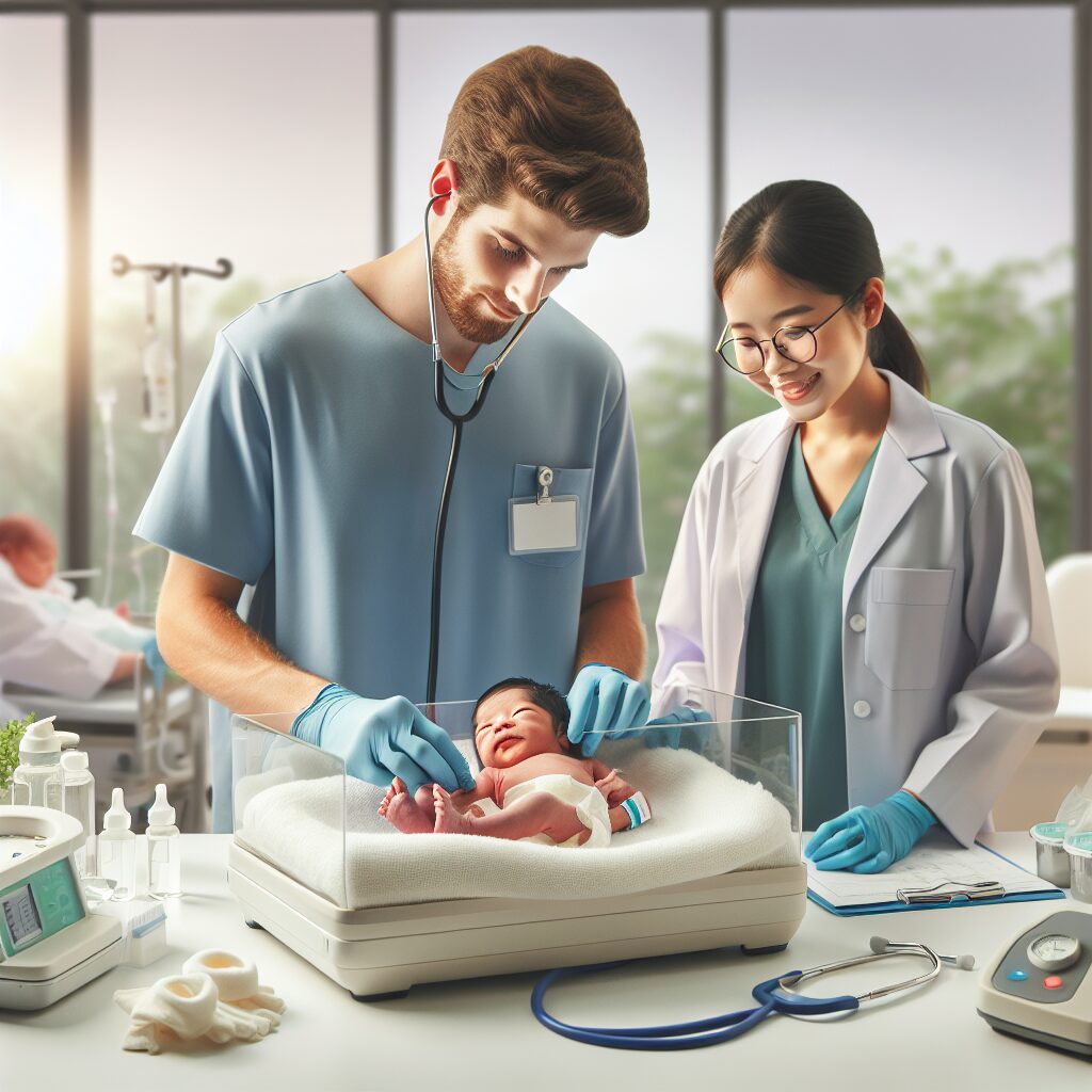 A newborn baby in a hospital setting receiving a simple heel prick test for neonatal screening, surrounded by medical professionals and equipment, with a focus on a caring and attentive atmosphere.