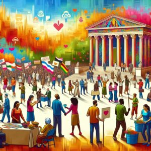 A vibrant scene representing the Téléthon event with diverse people participating in charity activities. The backdrop shows an abstract representation of Notre-Dame Cathedral, symbolizing its reopening. The atmosphere is lively, filled with bright colors and elements reflecting unity and hope.