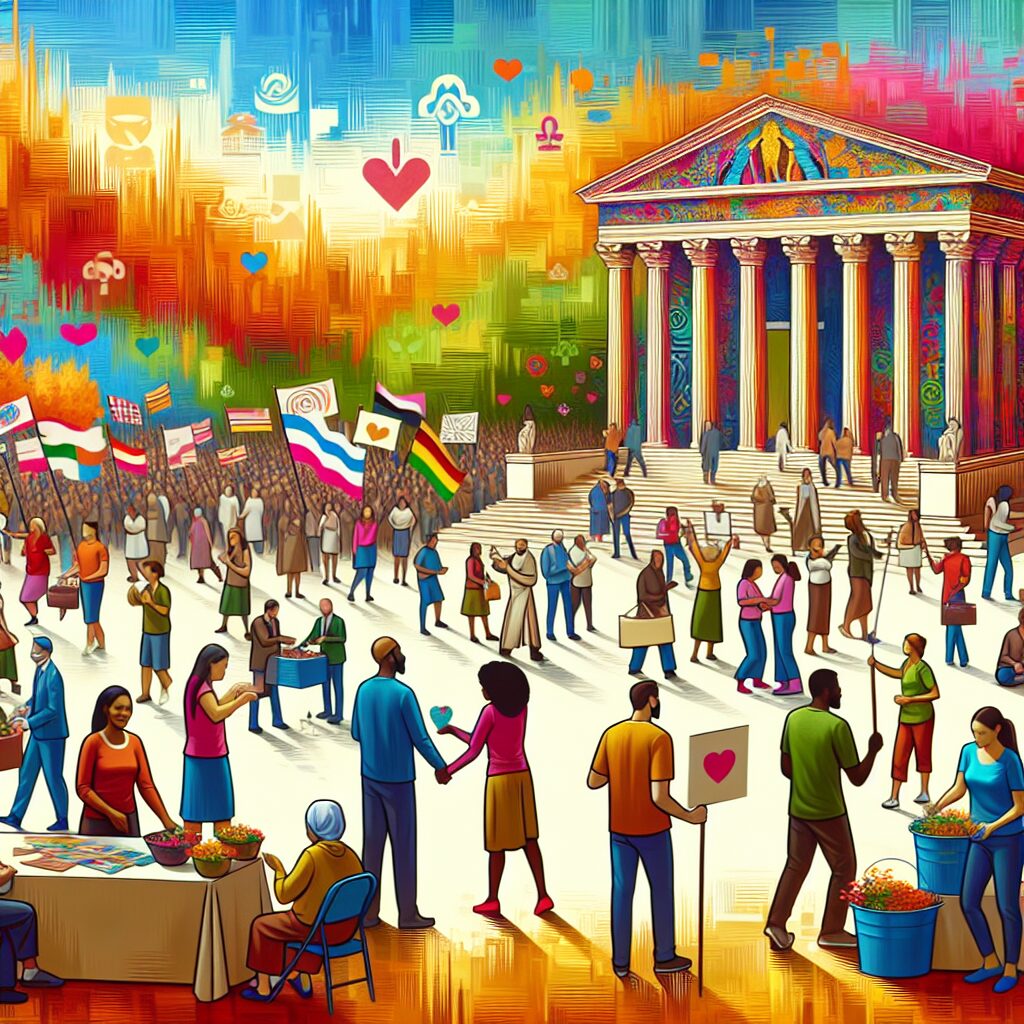 A vibrant scene representing the Téléthon event with diverse people participating in charity activities. The backdrop shows an abstract representation of Notre-Dame Cathedral, symbolizing its reopening. The atmosphere is lively, filled with bright colors and elements reflecting unity and hope.